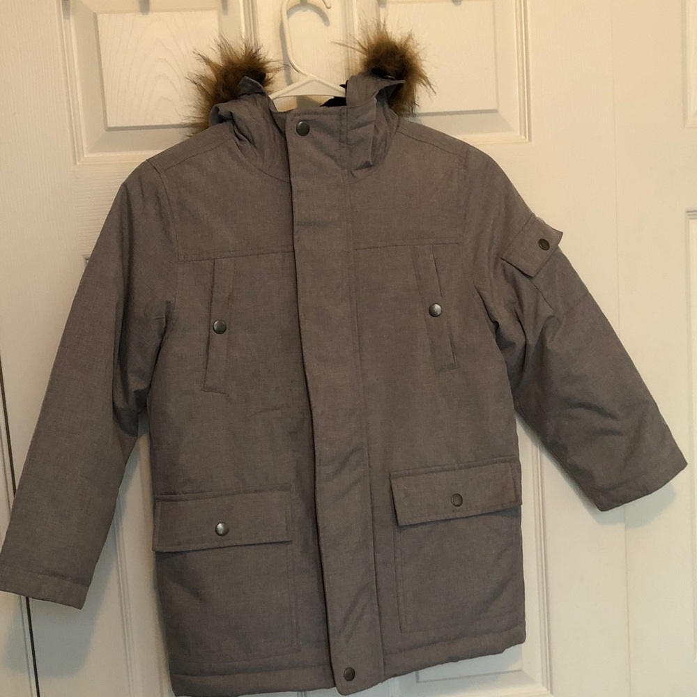 Swiss Tech Kids Charcoal Puffer Jacket with Faux Fur Trim